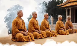 several monk sitting on steps with clouds of smoke around them