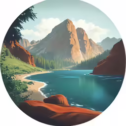 a round painting shows mountains with blue lake and trees