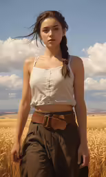a girl with brown hair standing in a wheat field