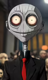 an alien face with big eyes standing in front of several human heads