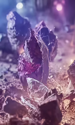 a purple piece of crystal surrounded by other rocks and debris