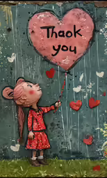 the girl is holding a heart shaped balloon with thank you on it