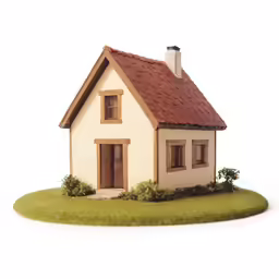 a small house with two windows and a brown roof on a green grassy area