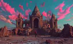 a man and a woman standing outside of an old temple