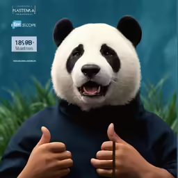 a panda holding two fingers up to his chest