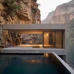 a modern house built over a pool in the mountains