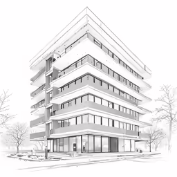 black and white sketch of a building in winter
