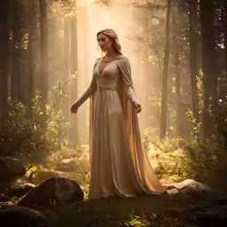 a woman wearing a long dress and cape in the woods