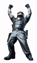 a man in uniform with two fists raised