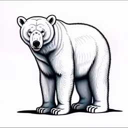 drawing of a white polar bear standing with his head down,an illustration of a polar bear looking towards the camera