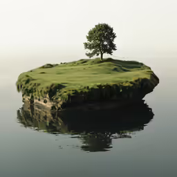 an island with grass and a tree near by