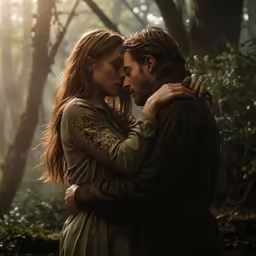 a man is hugging his wife in a forest