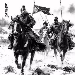 several men on horses racing across a field