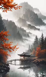an artistic photo of a chinese house and a pond