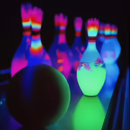 a group of illuminated bowling pins and a ball