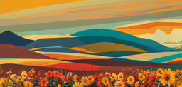 a painting that is in the middle of some paintings,a painting of flowers with hills in the background