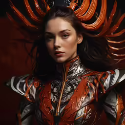 a model poses while wearing futuristic, metal clothing