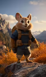 a cartoon character with an old backpack walking on rocks