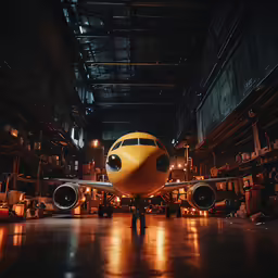 an airplane sits inside of a hangar and is lit by the sun