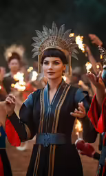 a woman dressed in traditional chinese clothes holding torches