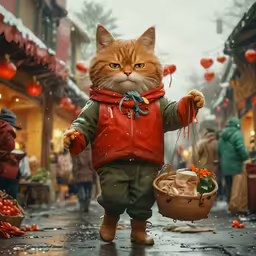 a cat walking on a street in the rain