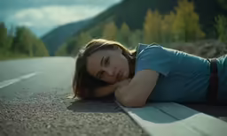 a girl laying on the side of a road posing for the camera