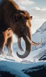 a wooly mammoth on the snowy ground in the mountains