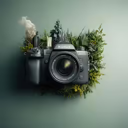 a black camera with plants and air pollution in the background