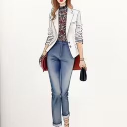 the girl in a blazer and jeans is walking