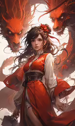 a woman in an orange dress holding a sword and two red dragon