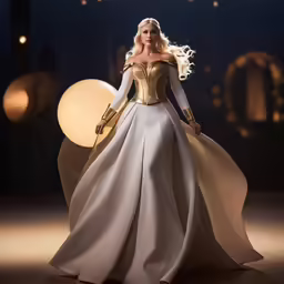a barbie doll wearing a white and gold dress