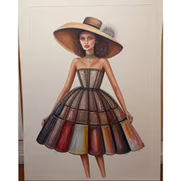 a picture of a women wearing a dress and hat,a drawing of a girl in a hat and dress with color swatches,the painting has a woman in a dress with many layers of dresses,a painting with a picture of a woman in a hat,the woman is wearing a big hat