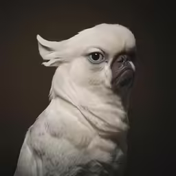 white bird with blue eyes and feathers on black background