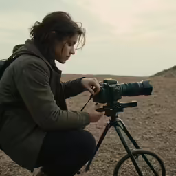 the photographer holds a camera on a tripod