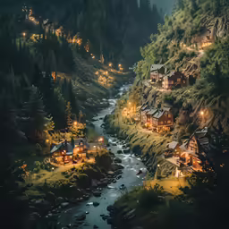 a night view of an alpine landscape, with some houses lit up