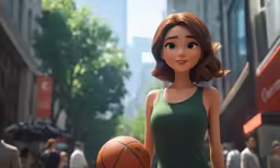 a woman holding a basketball standing on a city street
