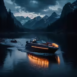 a motor boat traveling along a body of water