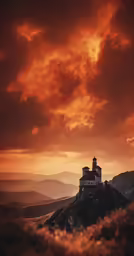 the sun sets on the horizon behind a small, red light house