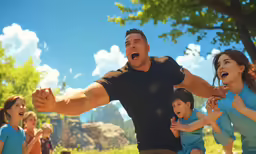 a man and two young children standing in a park with trees