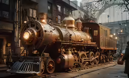 the steam engine is parked in a train station