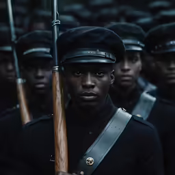 several soldiers, including one man in military uniform, stand behind a gun
