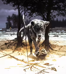 the large dog is running around on the snow