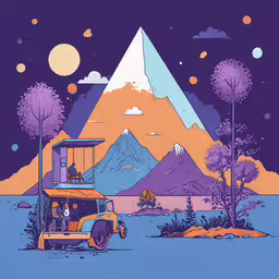 a stylized illustration with mountains and a desert landscape,the art work of robert renson