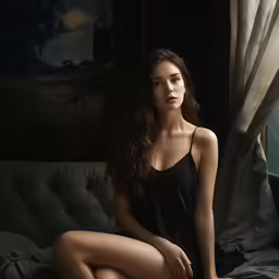 woman posing in dark room sitting on white couch