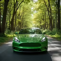 green car is driving down the road in the forest