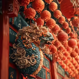 a chinese lion is displayed on the side of a building
