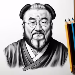 an image of a man with glasses and beards in black ink