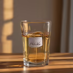 a small glass with some type of liquid