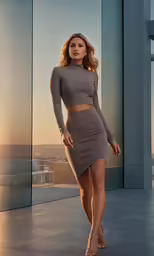 a beautiful blond with a slender body standing against a glass wall