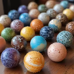 a large collection of colored eggs sitting on top of a table